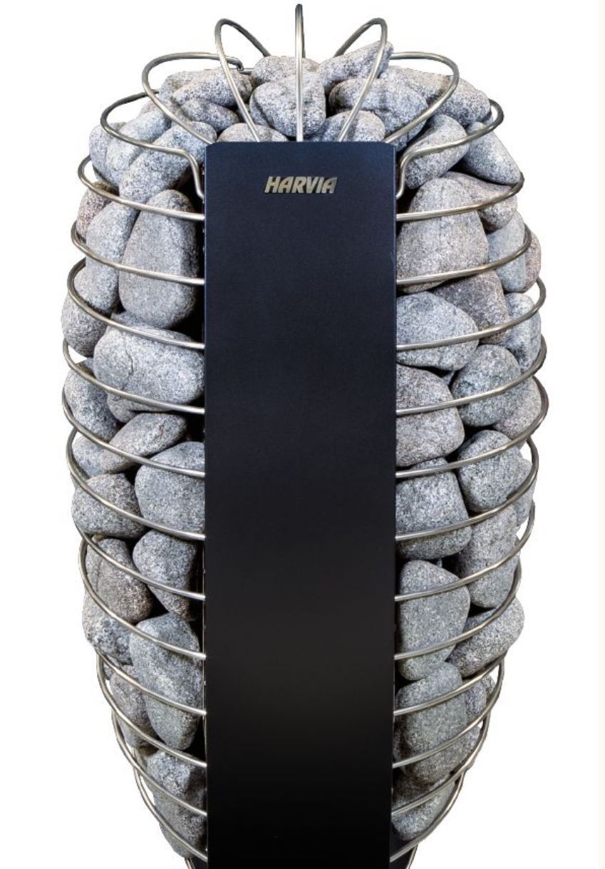 Black HARMAN device with coiled metal wire and gray rocks packed around it