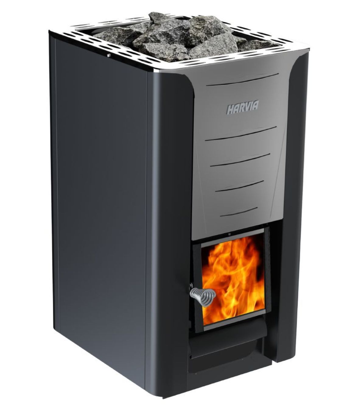 Black wood-burning stove with visible fire and rocks on top