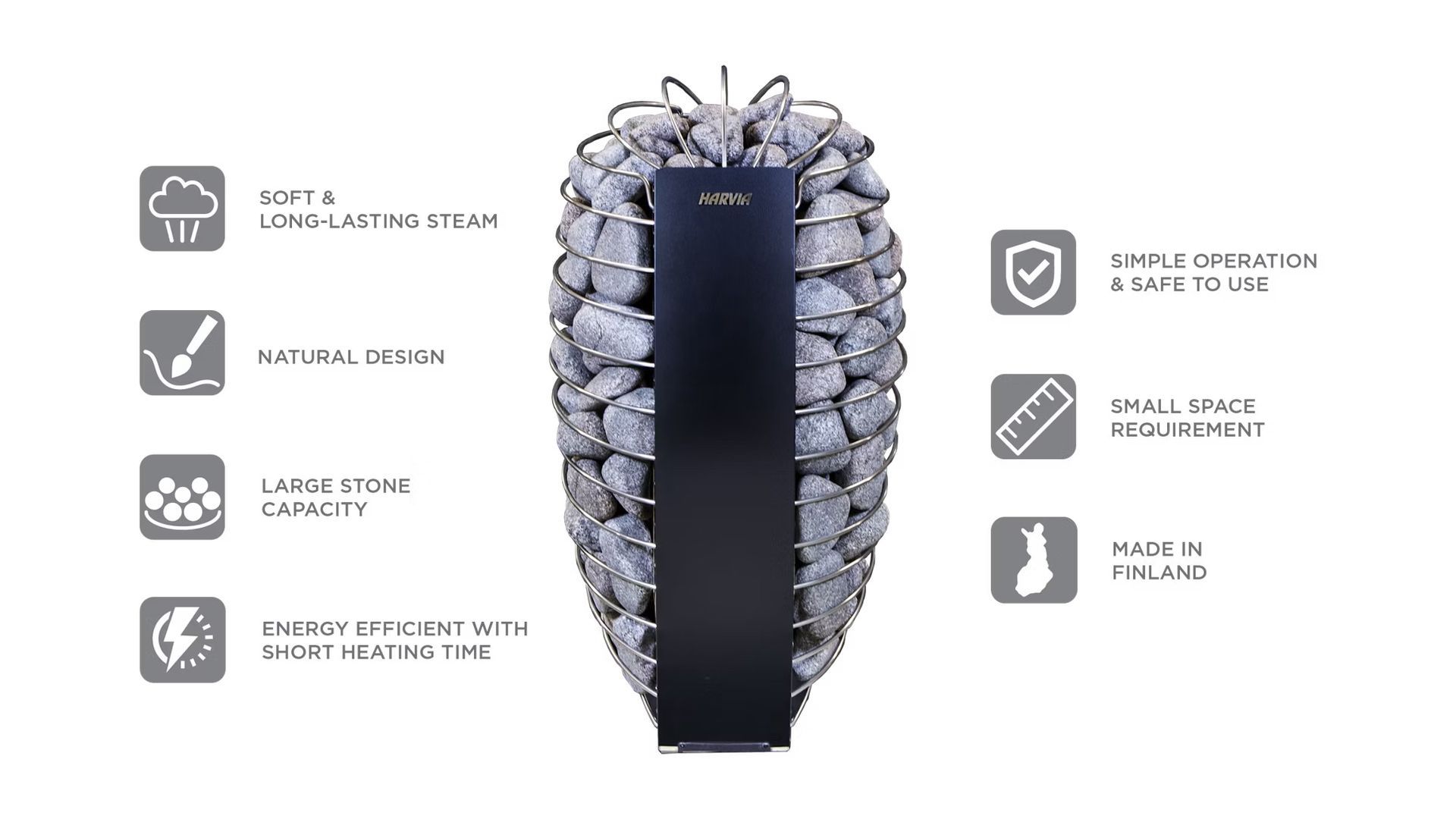 Black HARMAN device with coiled metal wire and gray rocks packed around it