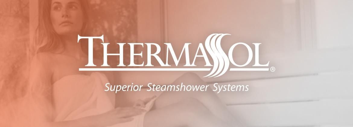 ThermaSol logo over a soft orange background with a faint portrait and “Superior ShowerSpace Systems” text