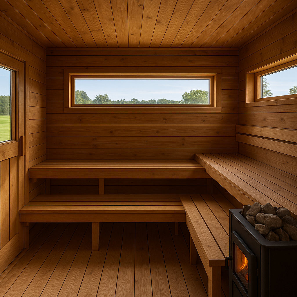 Cozy wooden sauna interior with benches, small window, and a stove with glowing coals