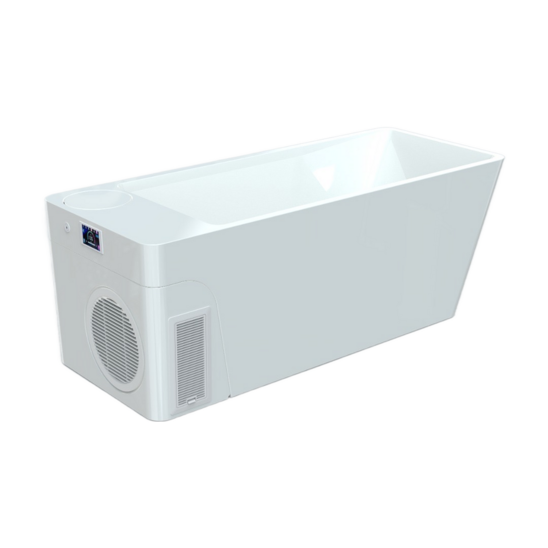 White rectangular air conditioner unit with side vents and open top view
