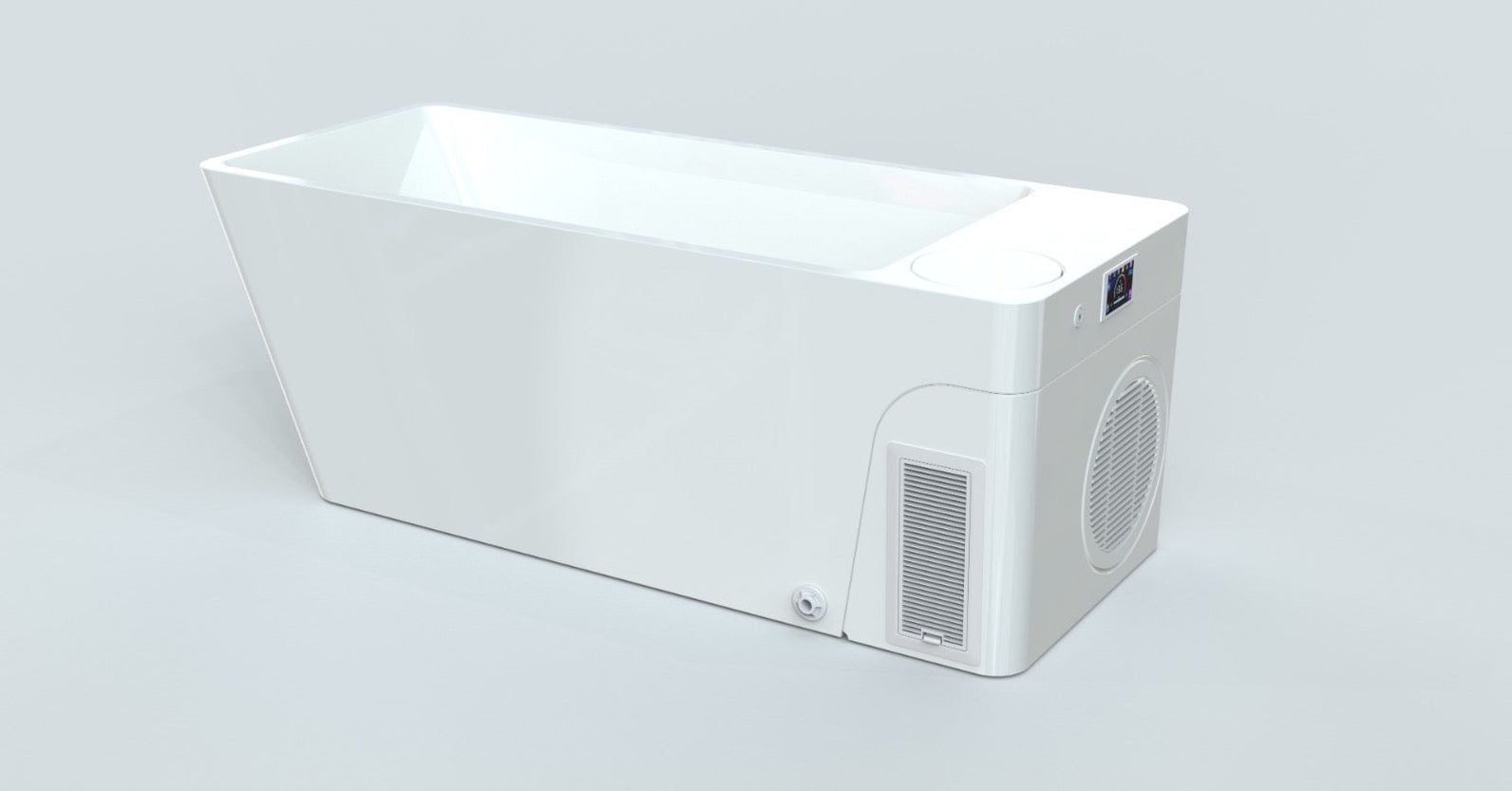 White rectangular outdoor AC condenser unit on a plain light background