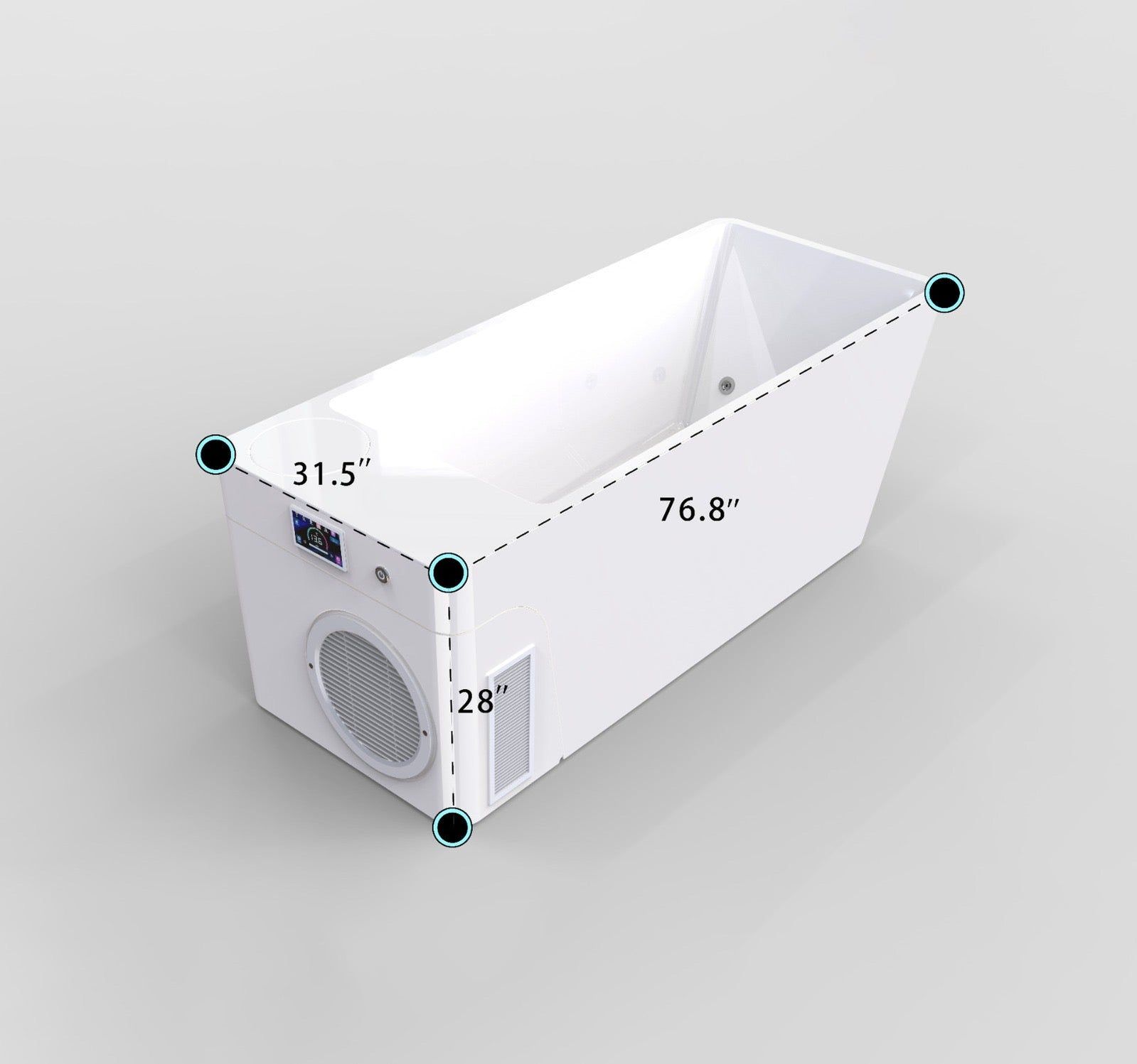 White rectangular appliance viewed in 3D with dimension labels and a circular vent on the front.