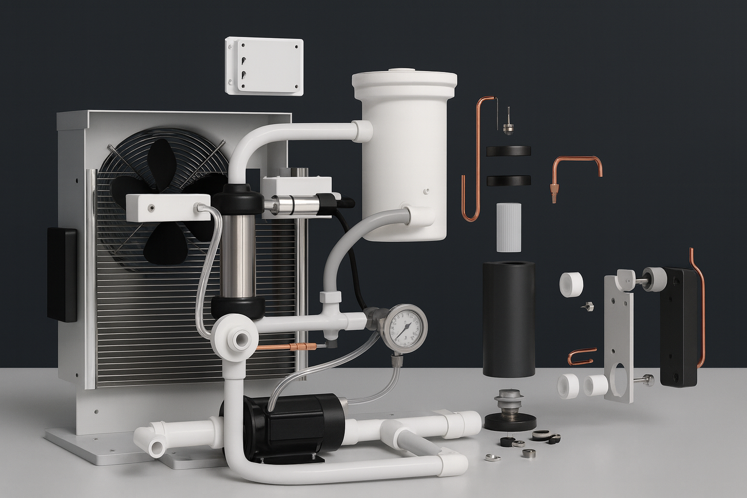 Exploded view of a mechanical pump assembly with pipes, fan, gauges, and copper fittings on a gray background