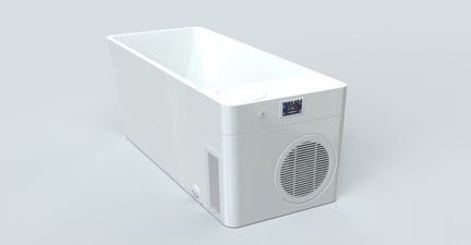 White rectangular appliance unit with a front vented fan and open top, shown on a plain background