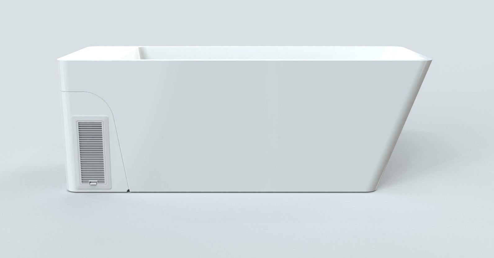 White rectangular wall-mounted appliance with a side vent on a light gray background