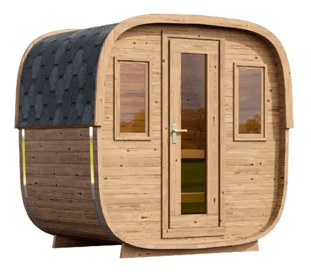 Compact wooden barrel sauna with a glass door and two side windows, black shingled roof