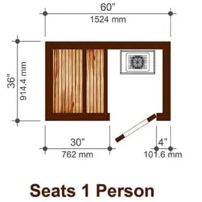 Sauna floor plan, 60x36 inches, labeled seats 1 person with heater and door swing