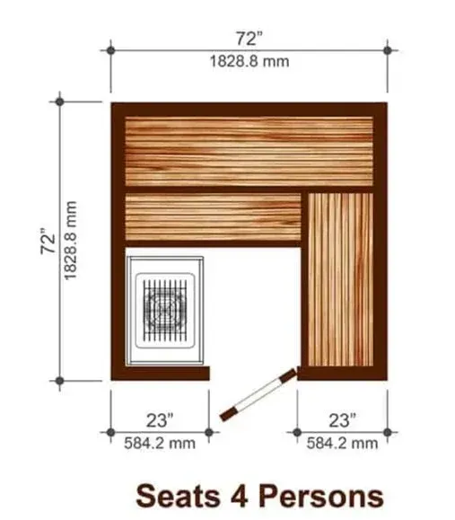 72x72 wood sauna layout with heater, bench seating for 4 people, and door opening