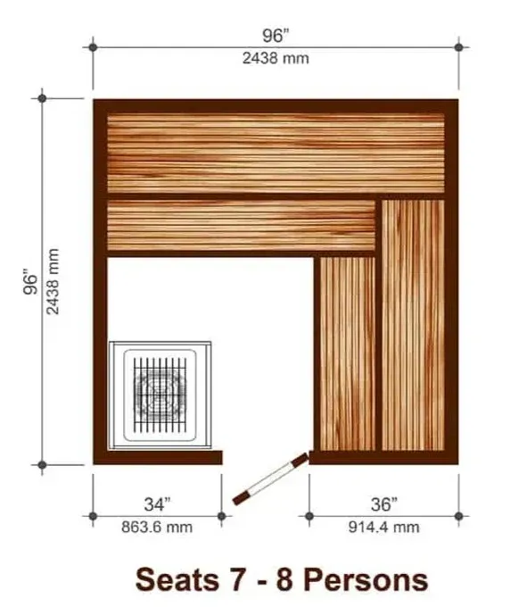 Wooden L-shaped corner bench with dimensions labeled, seating 7–8 people.
