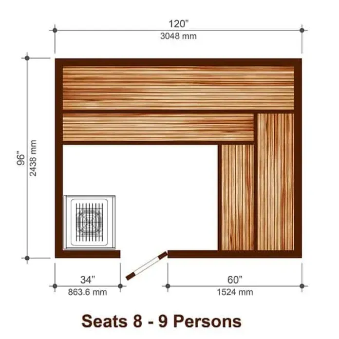 Wooden L-shaped patio seating layout with fire pit, dimensions labeled, seats 8–9 people