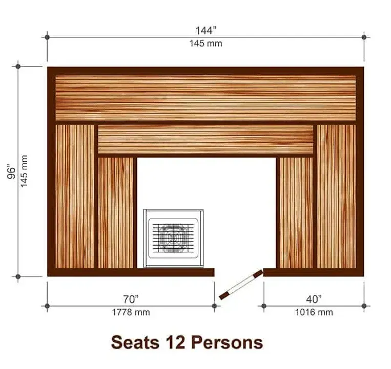Wooden sauna layout diagram with dimensions and “Seats 12 Persons” label