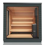 Open wooden sauna booth with benches and dark exterior frame