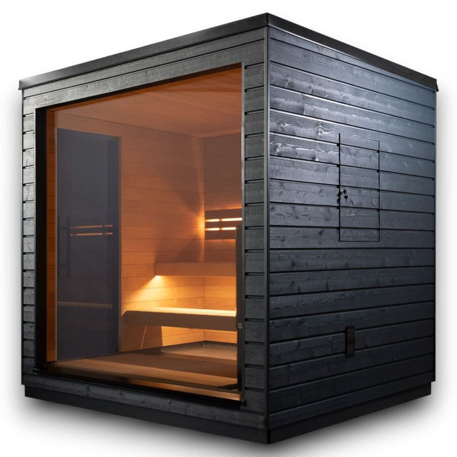 Open wooden sauna booth with benches and dark exterior frame