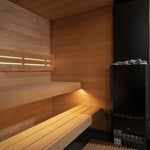 Modern wooden sauna interior with bench seating and warm ambient lighting