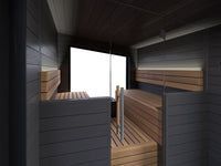 Modern wooden sauna interior with benches and a bright doorway opening to snow outside