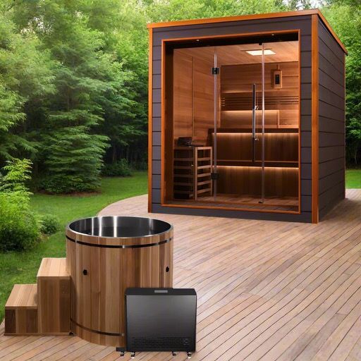Modern wooden sauna and hot tub on a deck in a green backyard