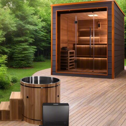 Modern outdoor sauna with wood deck and hot tub in a green backyard