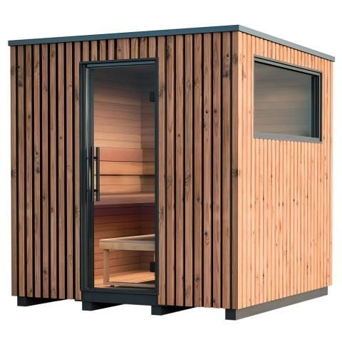 Compact wooden sauna cabin with glass door and side window, shown on a white background