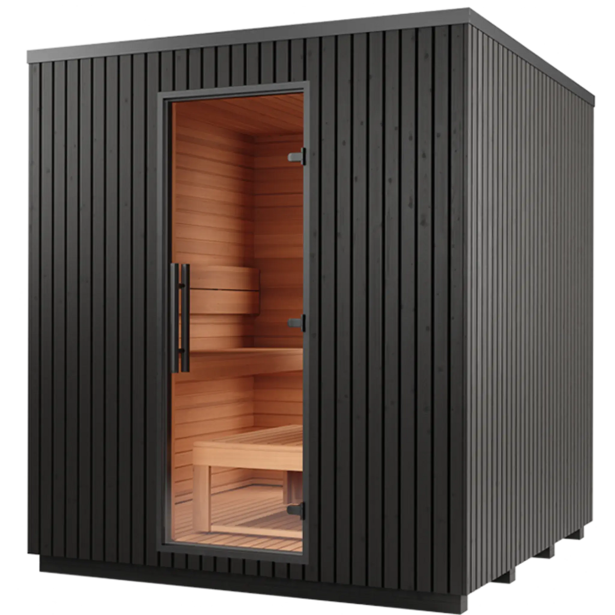 Black modern sauna cabin with vertical slats and an open glass door revealing a warm wooden interior