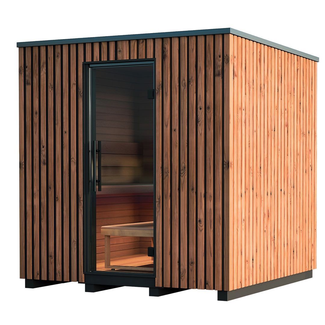 Black modern sauna cabin with vertical slats and an open glass door revealing a warm wooden interior