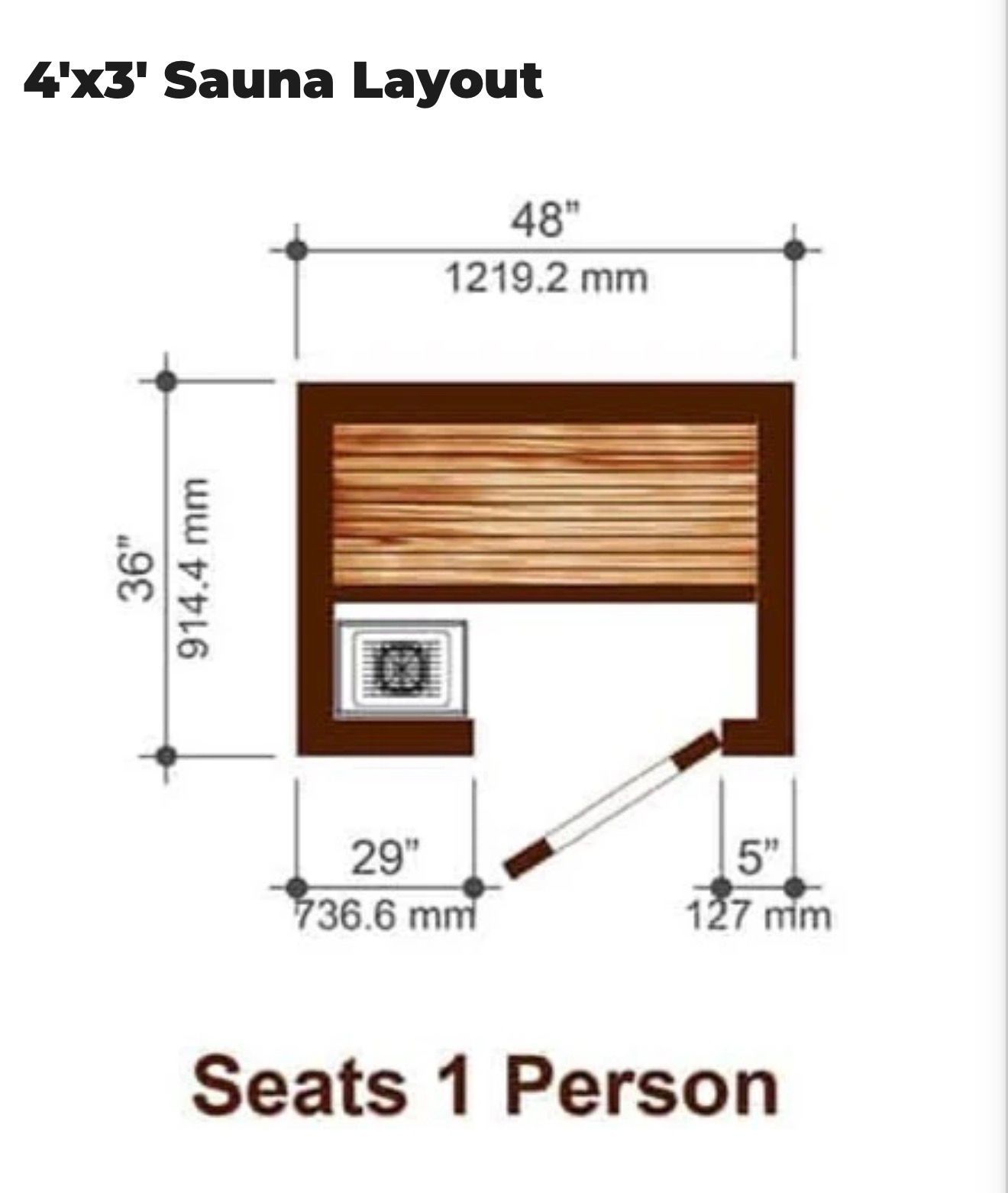 4x3 sauna layout diagram with bench, heater, and seat for 1 person, labeled with dimensions in inches and mm