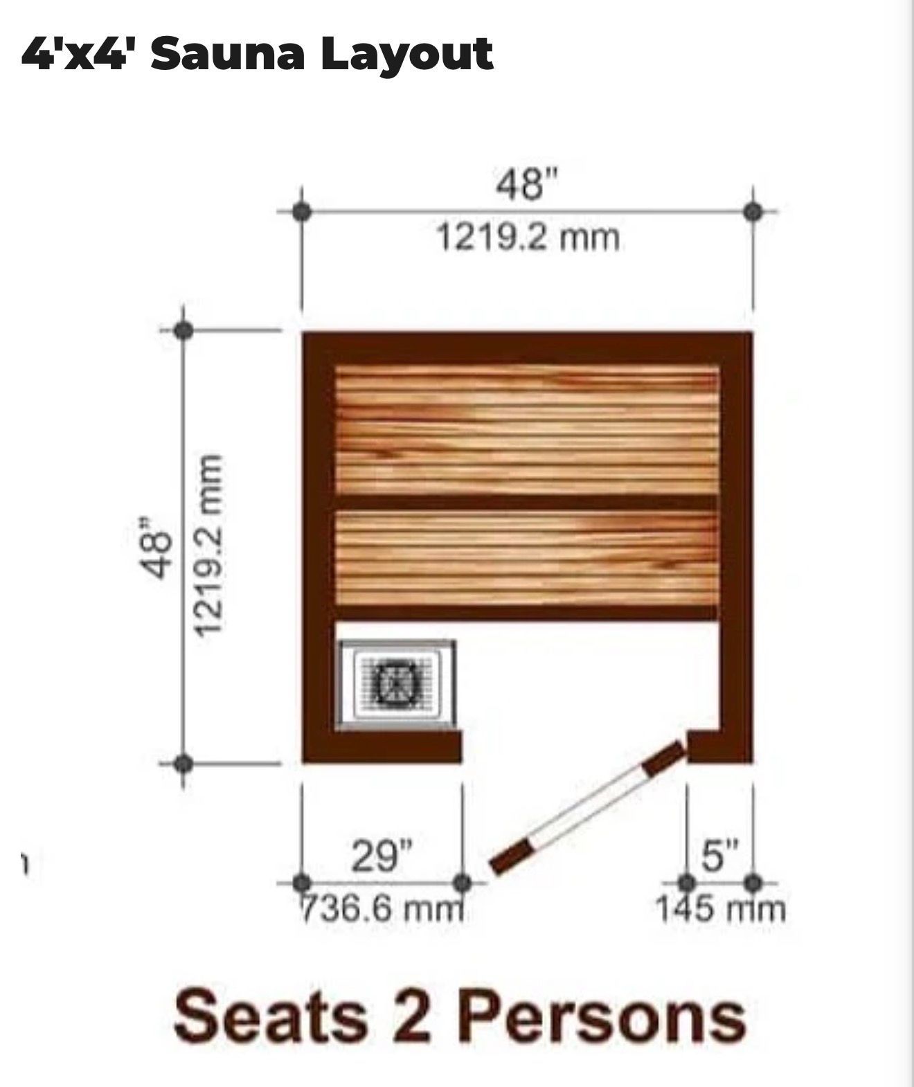 4x4 sauna layout diagram showing a 2-person seating plan with dimensions in inches and mm