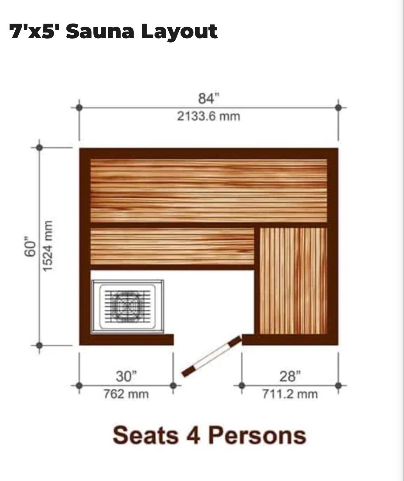 7'x5' sauna layout diagram showing wood interior, bench seating, heater, and dimensions for 4 persons