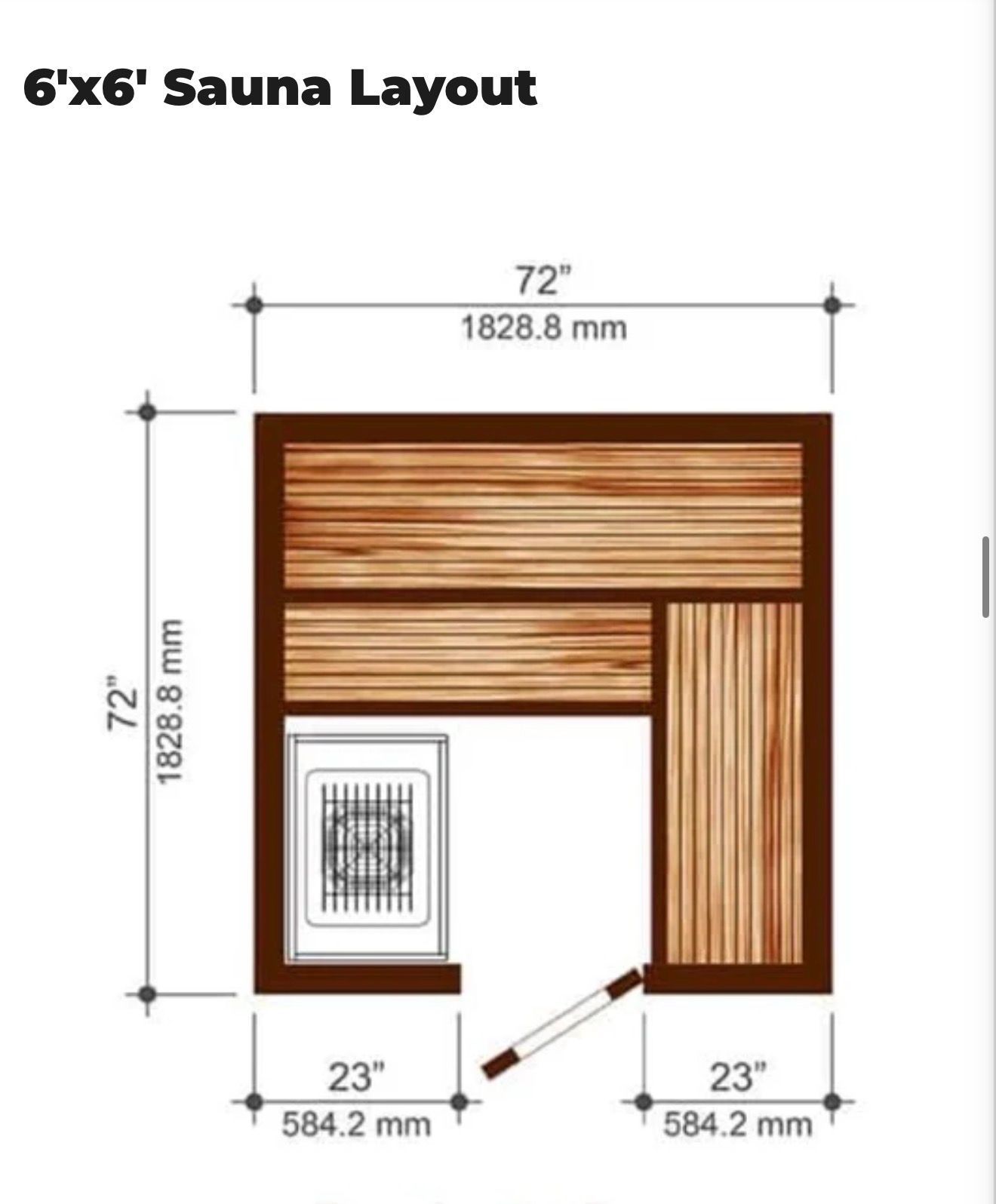 6x6 sauna layout diagram with wood-grain benches, heater, and 72-inch square dimensions