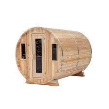 Cedar 8 person barrel-shaped outdoor sauna with glass door and windows on a white background