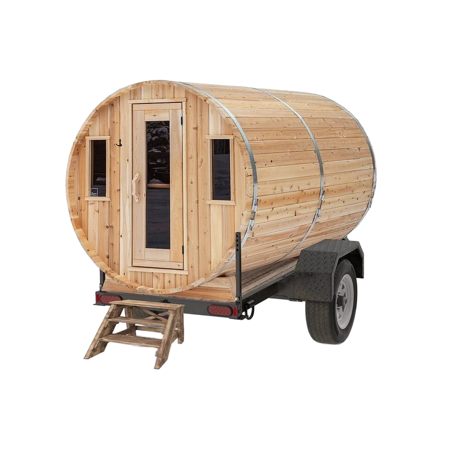 Wooden barrel-shaped trailer sauna with a small front door, windows, and wheels on a white background