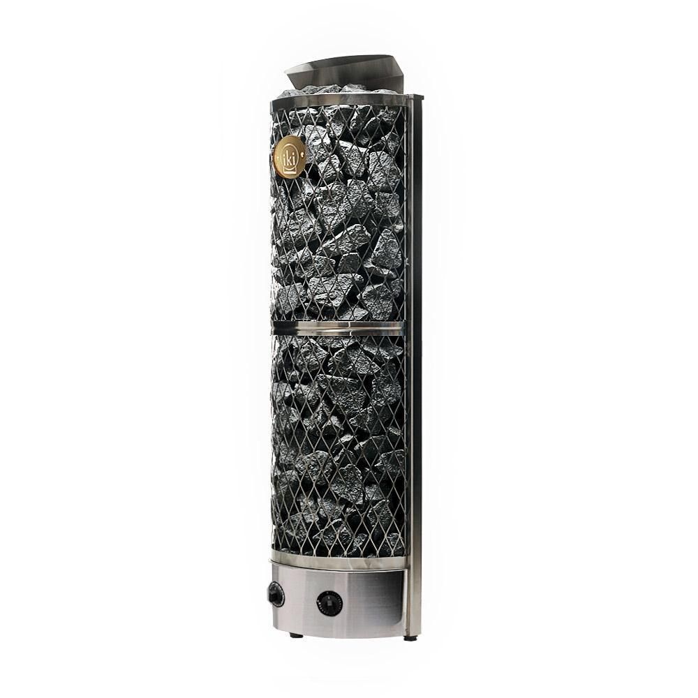 Tall cylindrical decorative object covered in dark textured material, with a small emblem near the top.