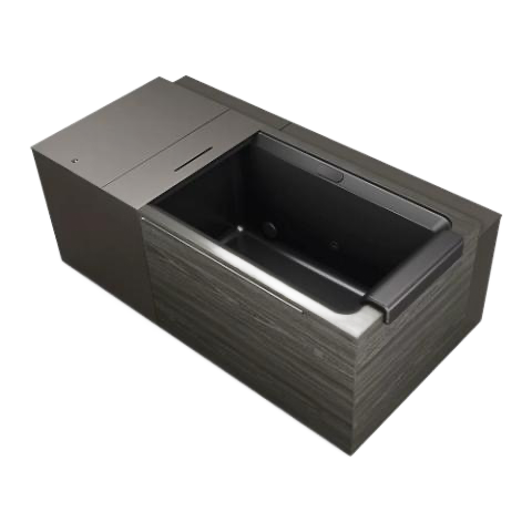 Dark wood rectangular bathtub with a black interior and built-in deck.