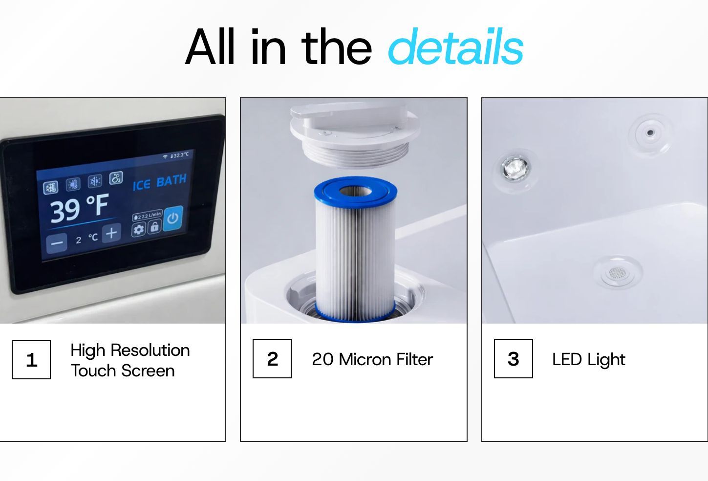 Bathroom features: digital shower panel, USB charging port, and tub drain close-up