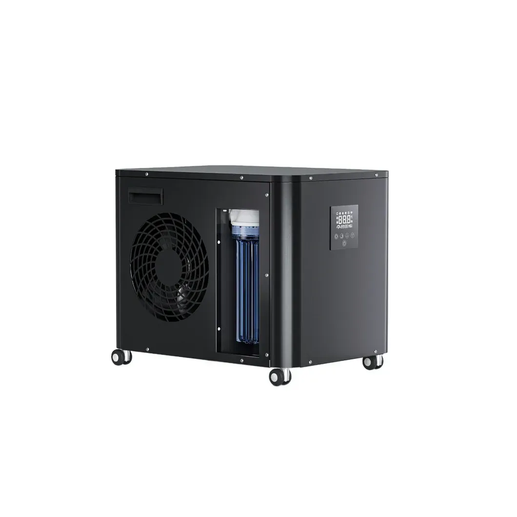 Black compact chiller unit with front fan, side panel, and caster wheels on a white background