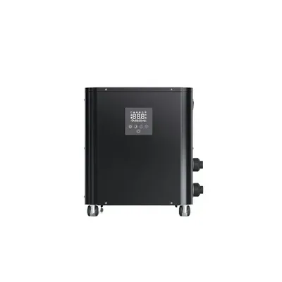 Black wheeled industrial unit with a small display panel and side connectors on a white background