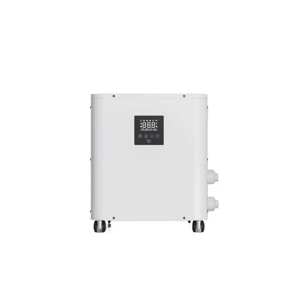 White portable air conditioner on casters with front fan and digital display panel
