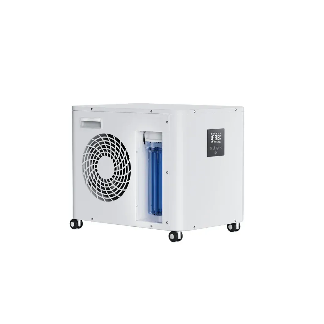 White portable air conditioner on casters with front fan and digital display panel