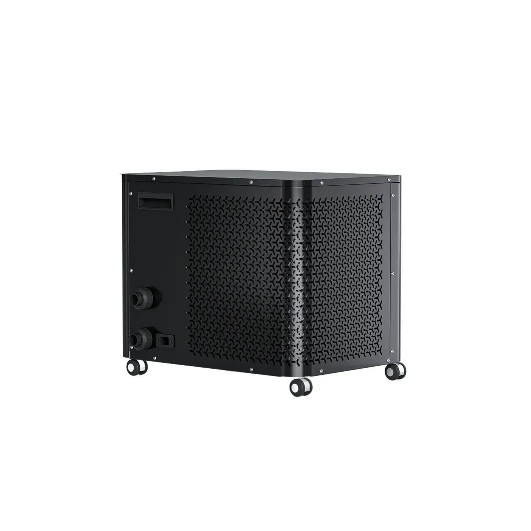 Black portable machine with fan grille, side control panel, and caster wheels on a white background