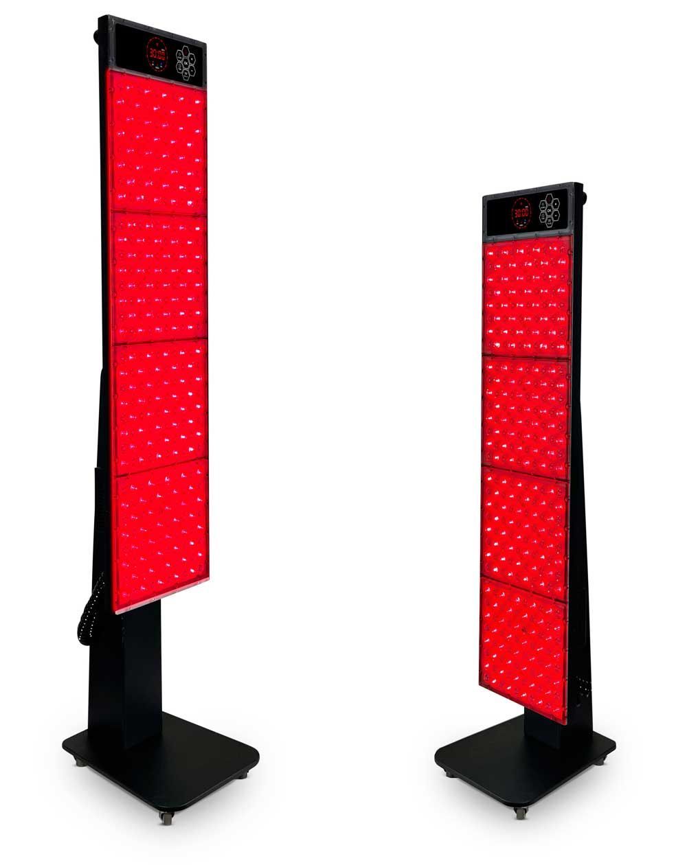 Two tall red LED light therapy panels on black stands, shown side by side