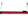 Red and black horizontal object with two thin black supports on a white background