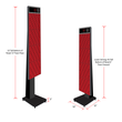 Red freestanding sign display with black base and top cap, shown in two views with measurements.