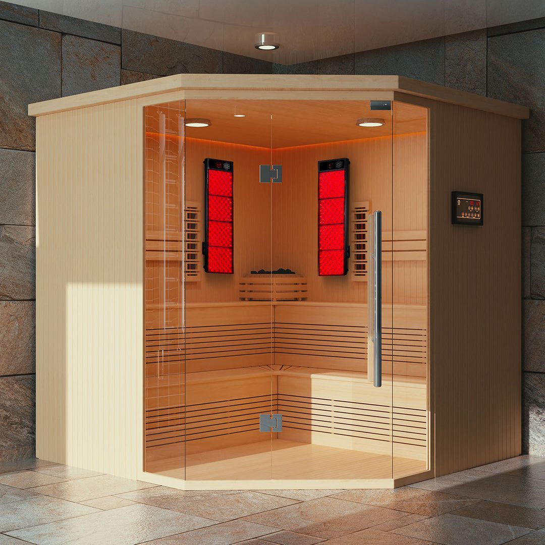Modern glass-front sauna room with warm wood interior and red wall panels