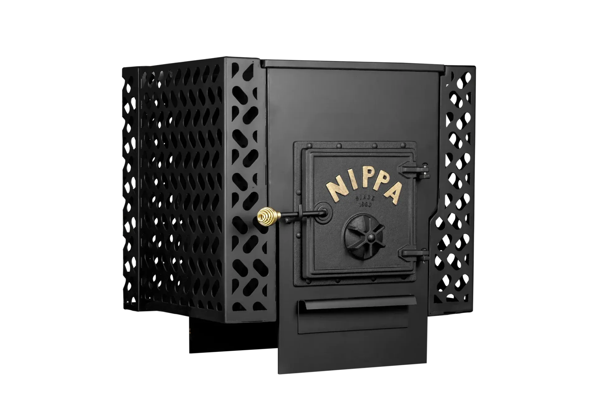 Black metal wood-burning stove with open front door and decorative side panels