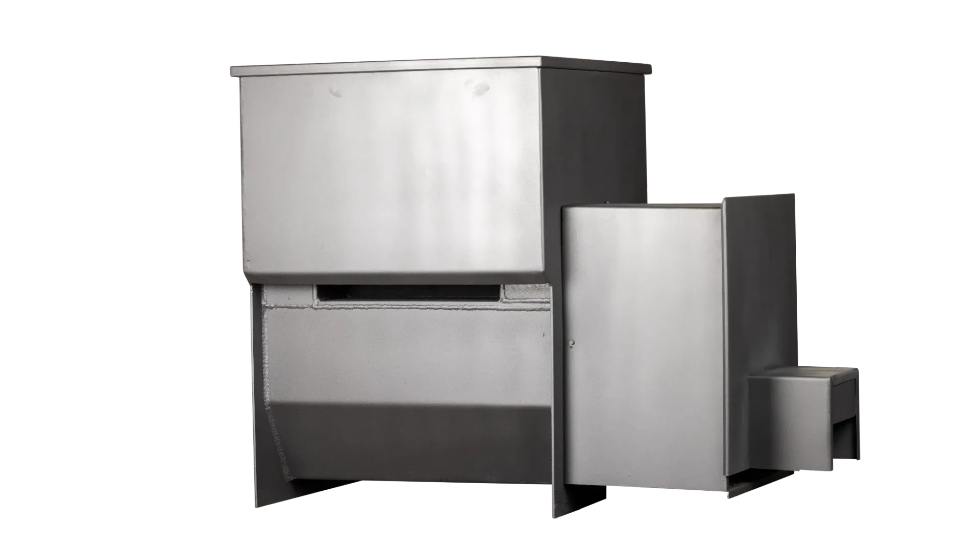 Stainless steel industrial machine with attached boxy components on a plain background