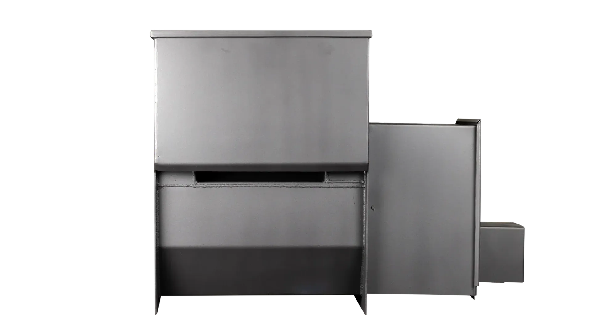 Gray metal industrial cabinet with a side-mounted box on the right