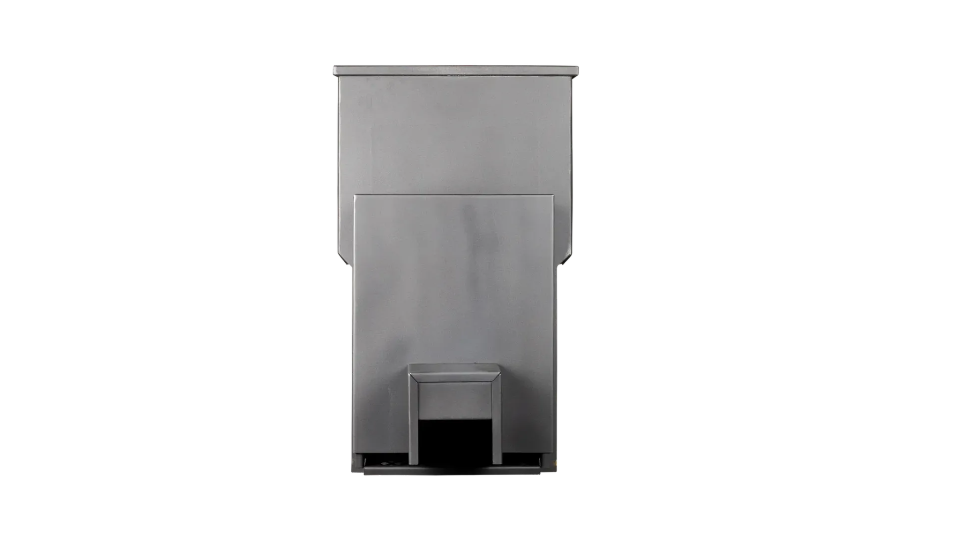 Gray plastic outdoor trash can with a front foot pedal, shown against a white background