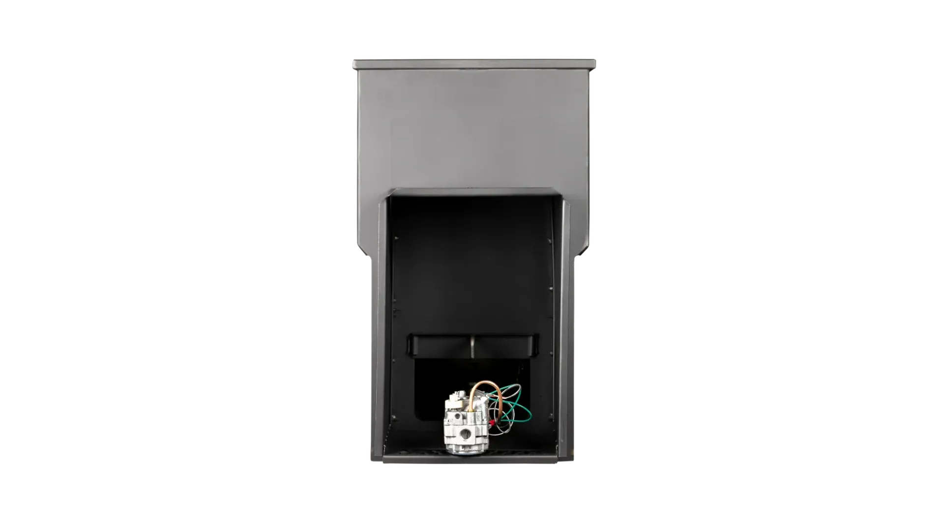 Stainless steel industrial machine with attached boxy components on a plain background