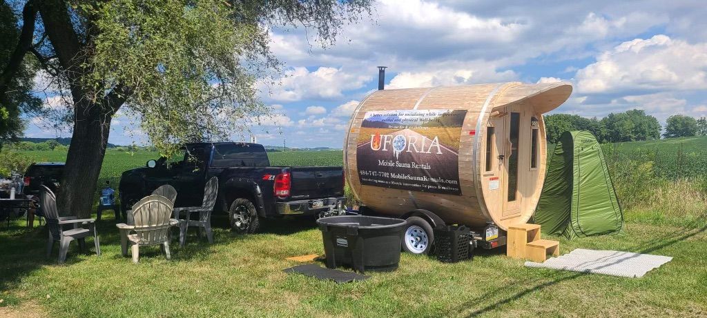 Black pickup truck and tiny wood-fired sauna on a grassy field under a cloudy sky